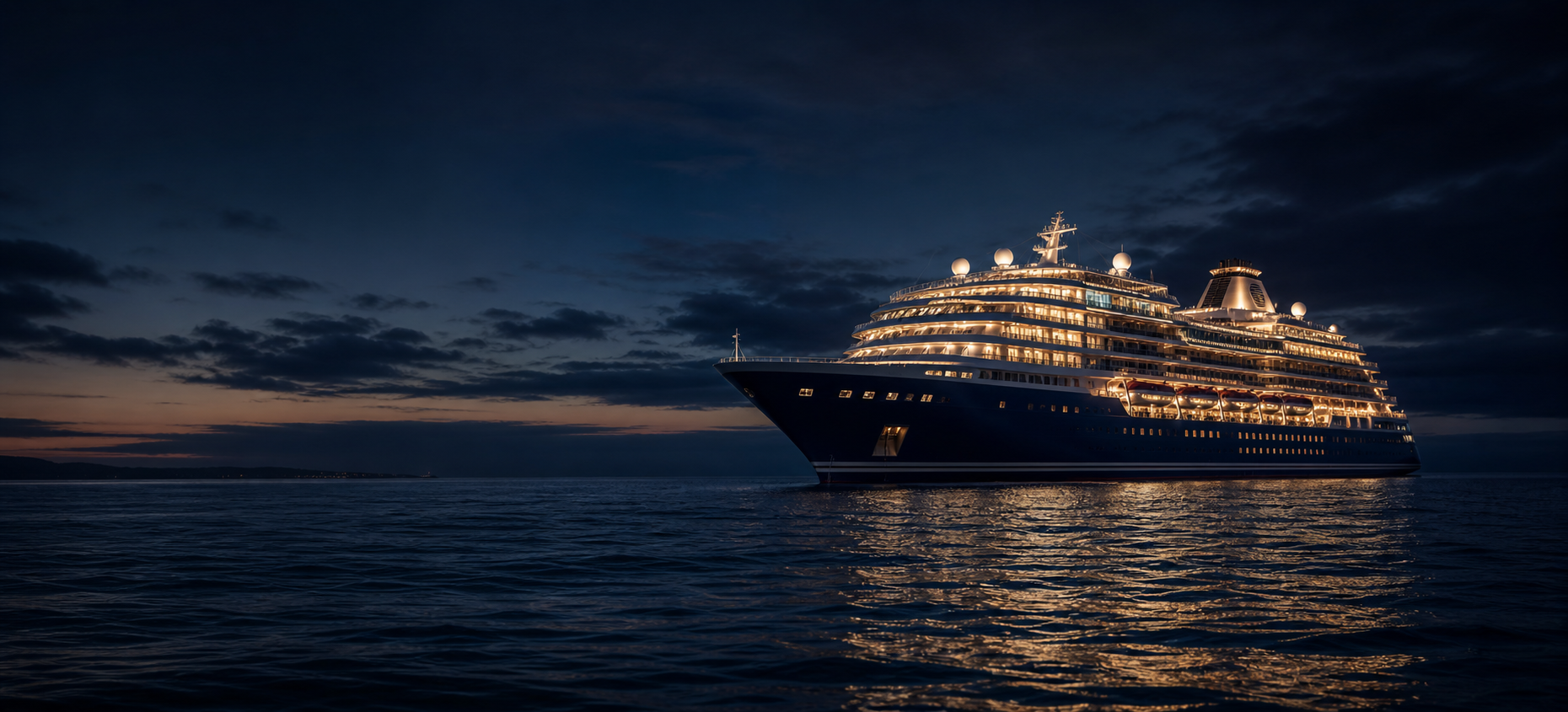 Luxury cruise liner illuminated at twilight on the ocean